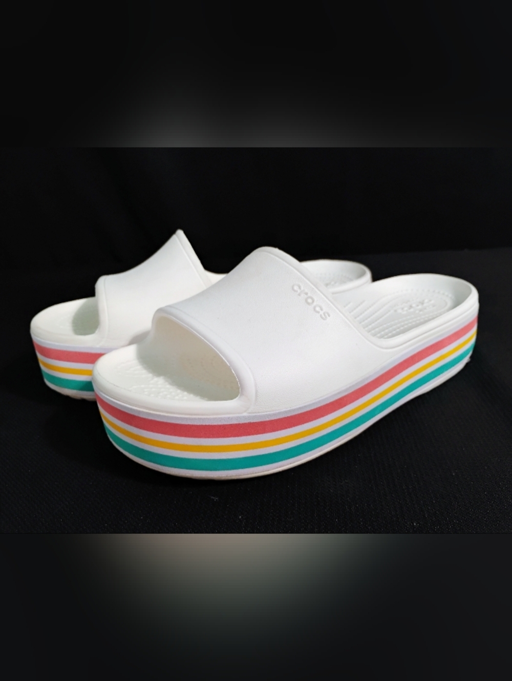Crocs White , Multicolor Platform Slip On Sandals Women's Sz 8